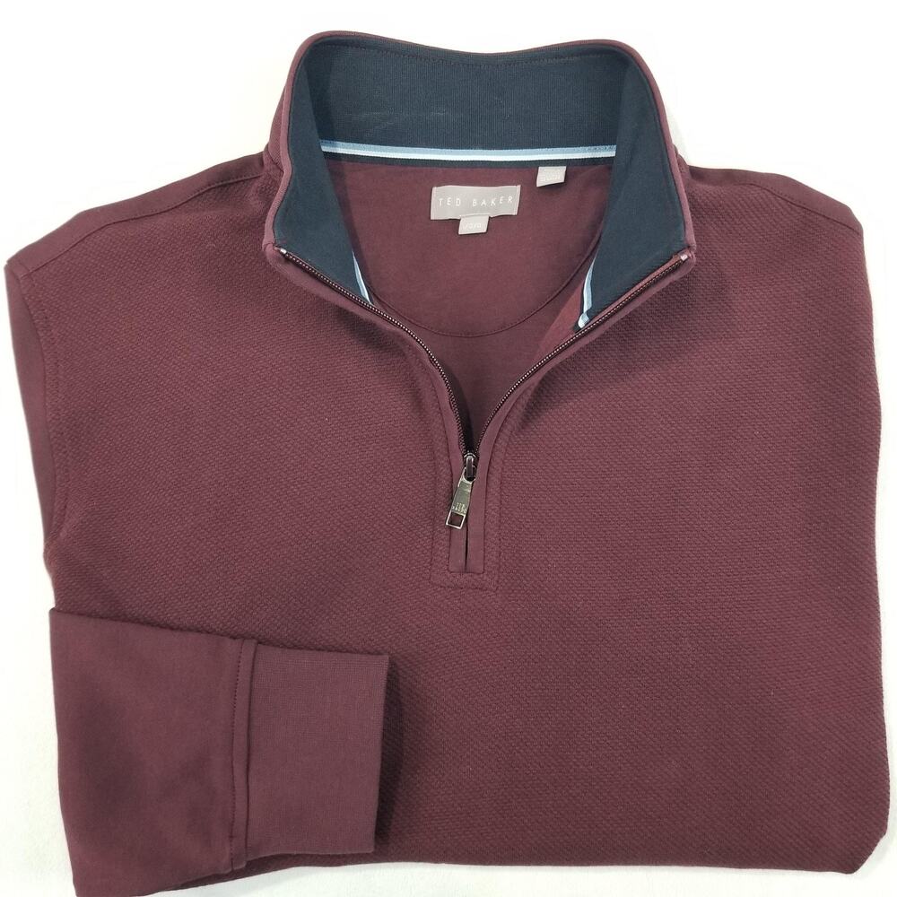 Ted Baker Sweater Mens Large Red 1/4 Zip Mock Neck Textured Knit Pullover